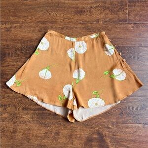 Maeve x Anthropologie Floral Satin Shorts Side Buttons Tan Brown 24” Size 00